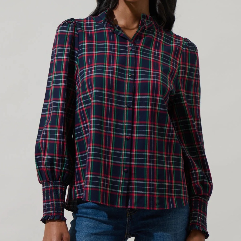 Sugarlips M Chapman Navy Red Plaid Ruffle Blouse Button Down